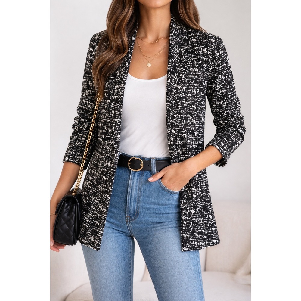 Sara Campbell Open Front Blazer Womens Small Black White‎ Peplum Careerwear Chic